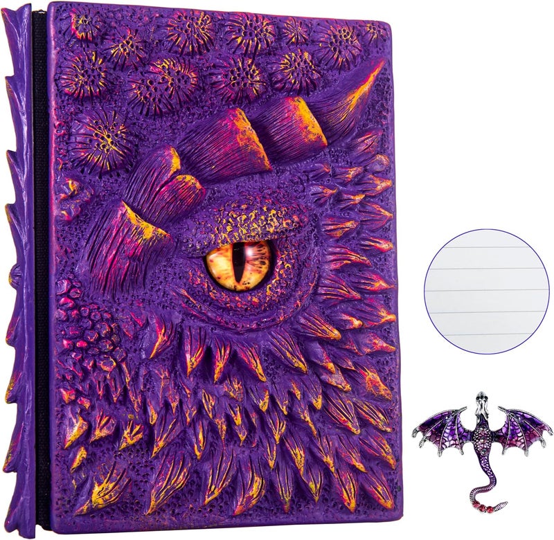 LZlightactor 3D Dragon Eye Embossed Journal,Resin Engraving Notebook,Dnd notebook for Dragon Lovers ，Blank Paper,Hardcover Travel Notepad for Writing,Sketchbook,Collection,Gift,Decoration A4 and A5 Size (A5-Purple-Lined-Brooch) - Image 1